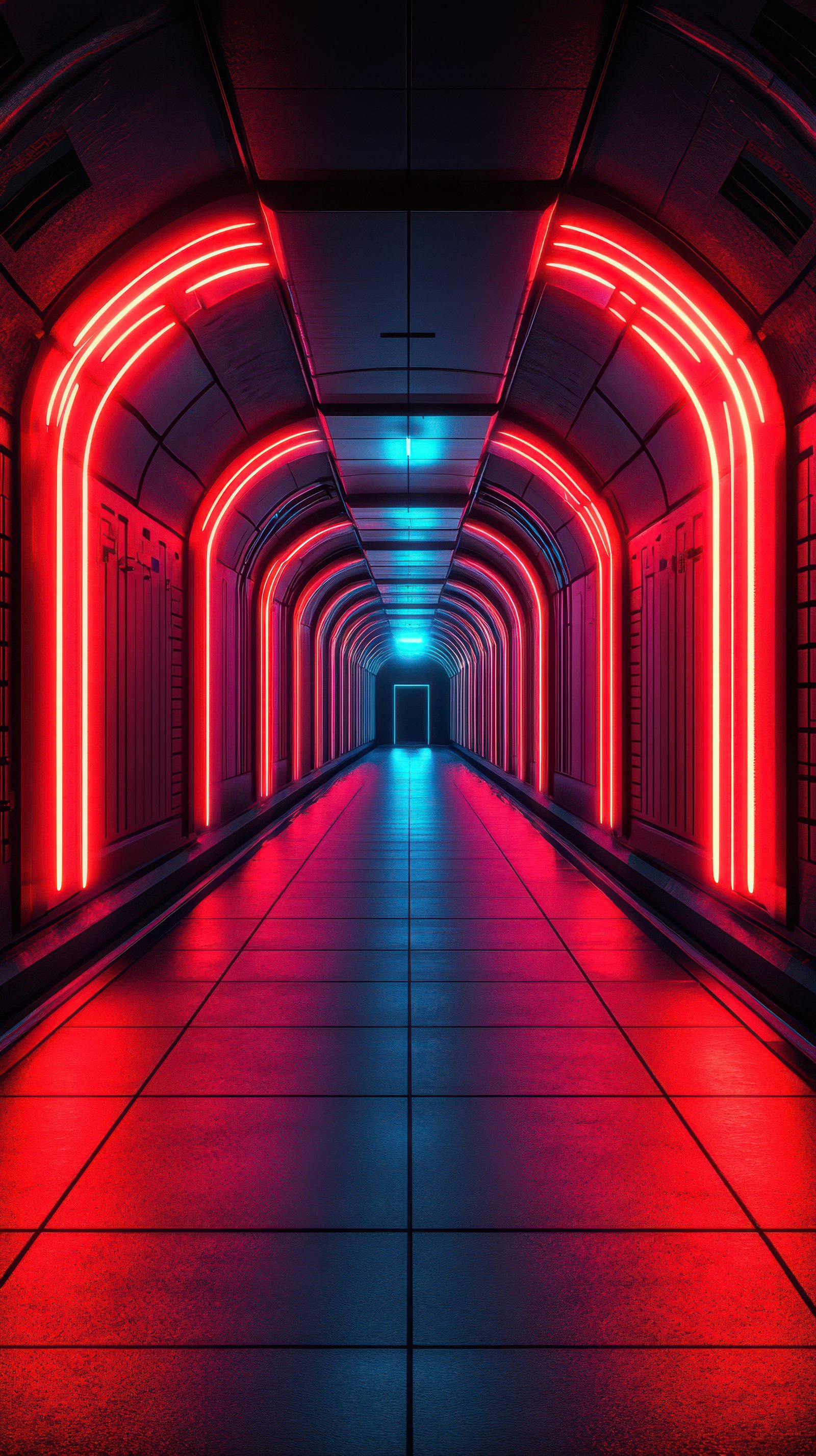 Bright neon lights illuminate a modern corridor with a futuristic ambiance at night